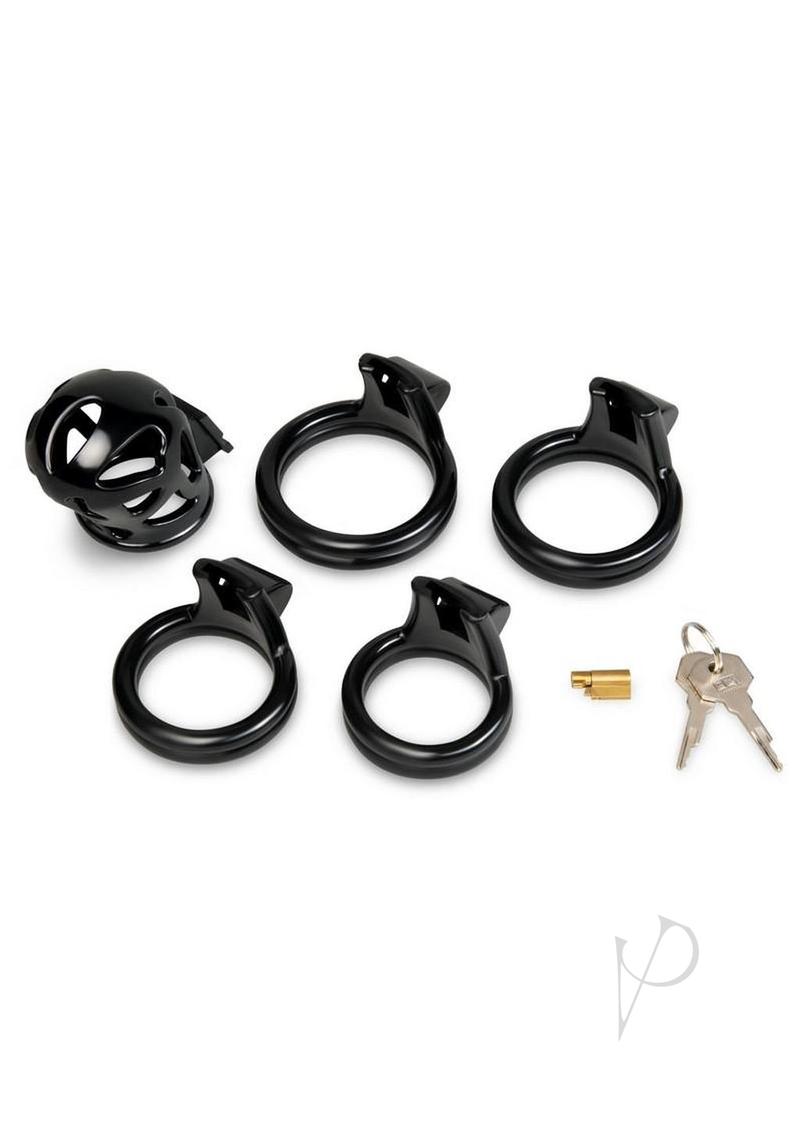 Blueline Prisoner 2 Inch Cock Cage Black with rings and key for male chastity play.