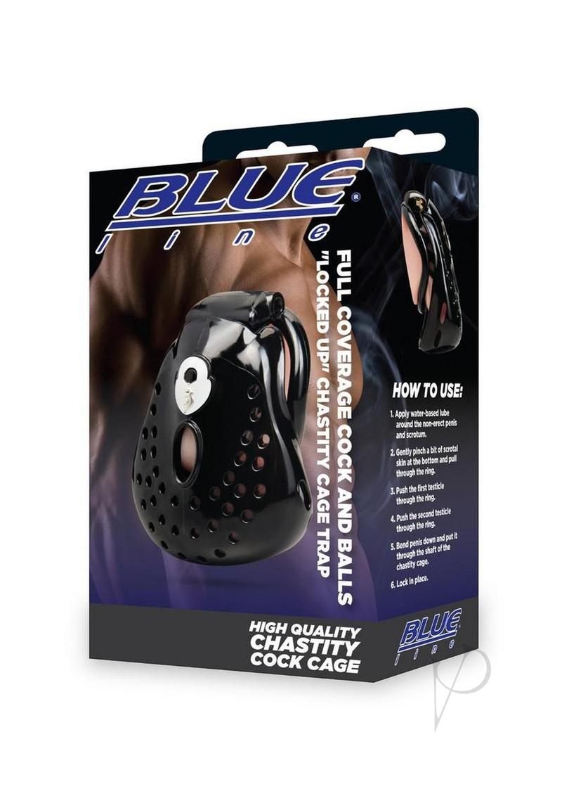 Blueline Full Coverage Cock and Balls Chastity Cage Black packaging with usage instructions.