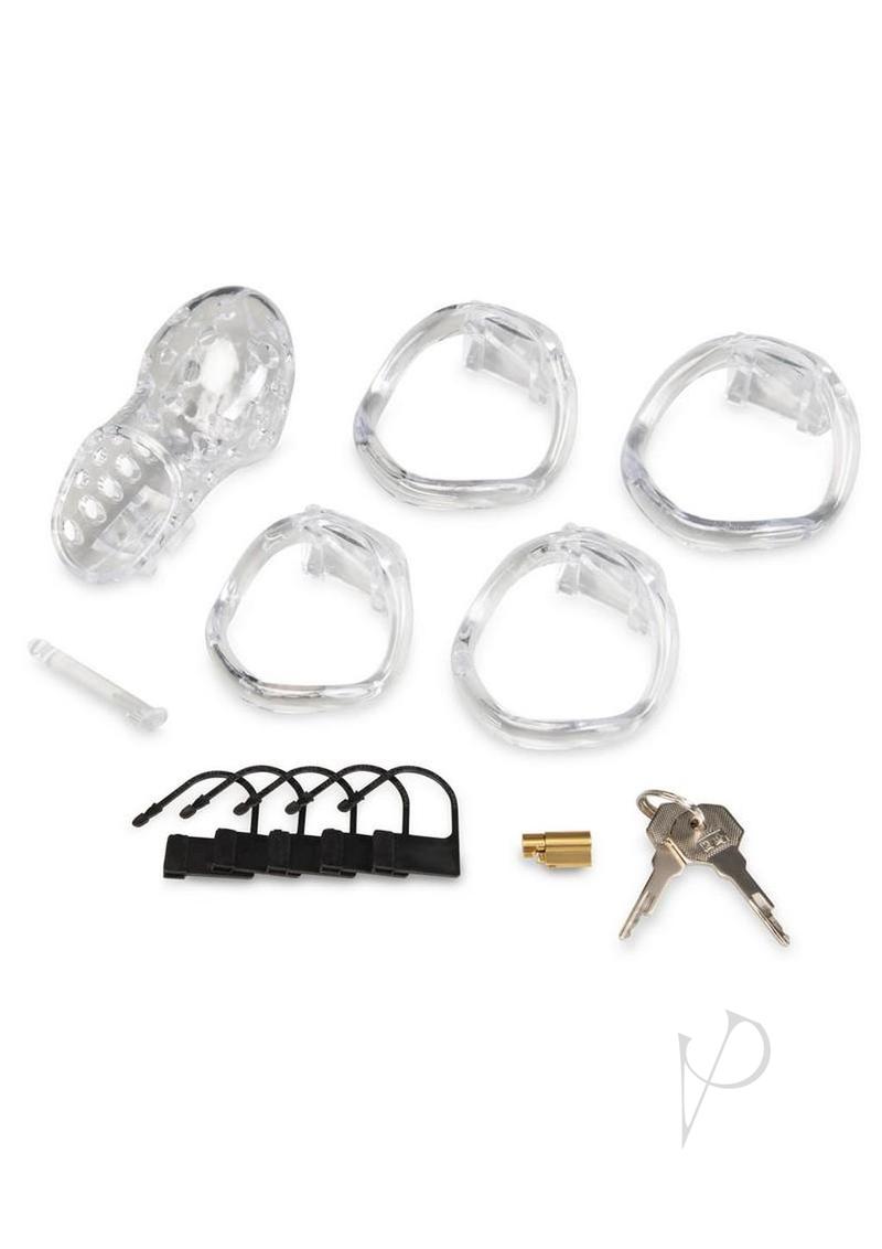 Blueline 2.75 Inch See Thru Chastity Cock Cage Clear with accessories on white background.
