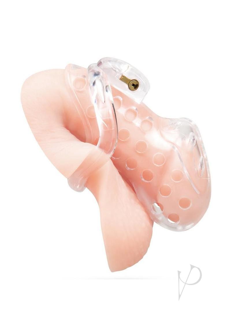 Blueline 2.75 Inch See Thru Chastity Cock Cage Clear showcasing its transparent design with a secure locking mechanism.