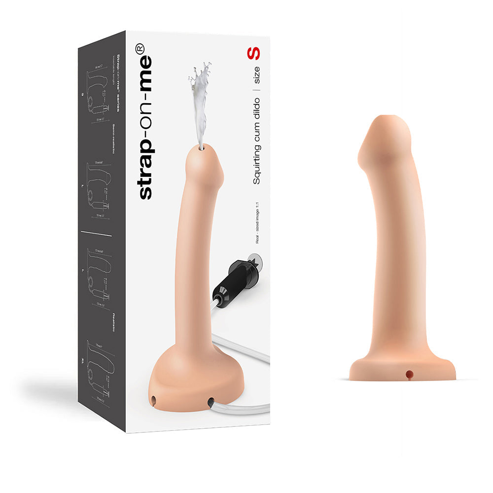 Strap-On-Me Squirting Cum Dildo Small Vanilla with packaging and manual squirting system.