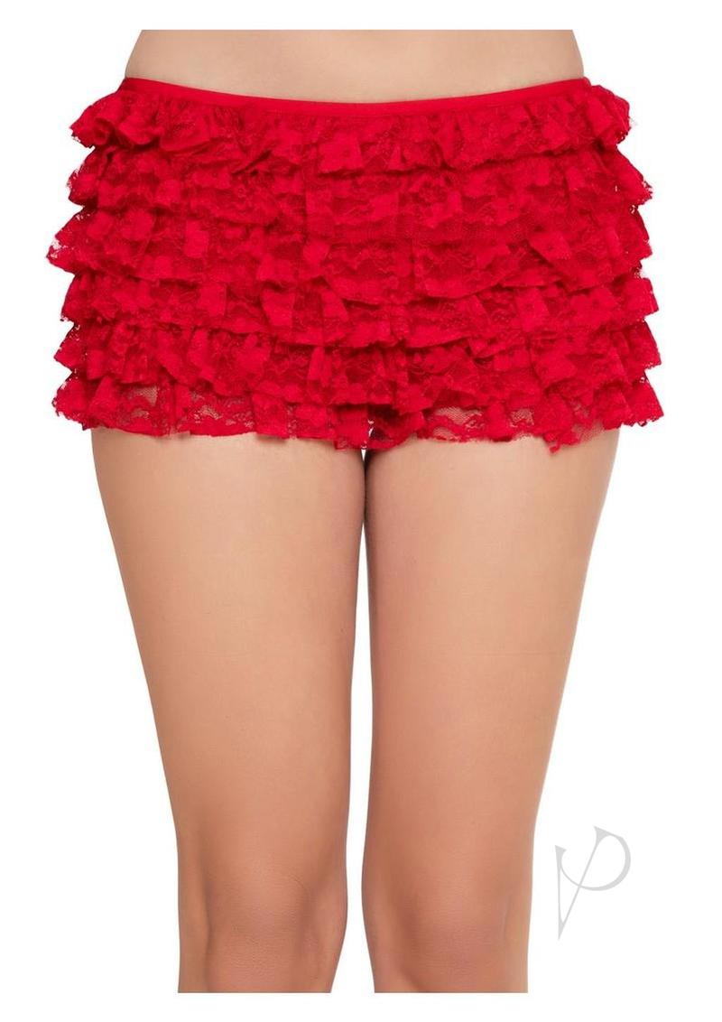 Leg Avenue Lace Ruffle Shorts XLarge Red featuring soft lace and playful ruffles for a flirty look.