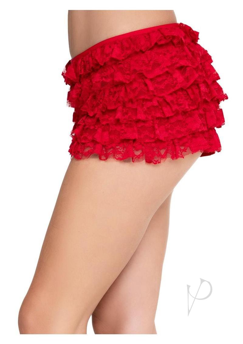 Leg Avenue Lace Ruffle Shorts Small Red featuring playful ruffle detailing and a bold red shade.