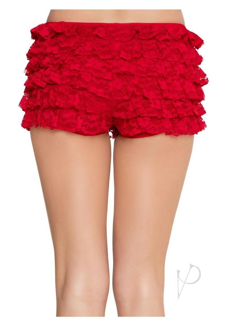Leg Avenue Lace Ruffle Shorts Medium Red displayed with playful ruffles and a rich red color, perfect for flirty looks.