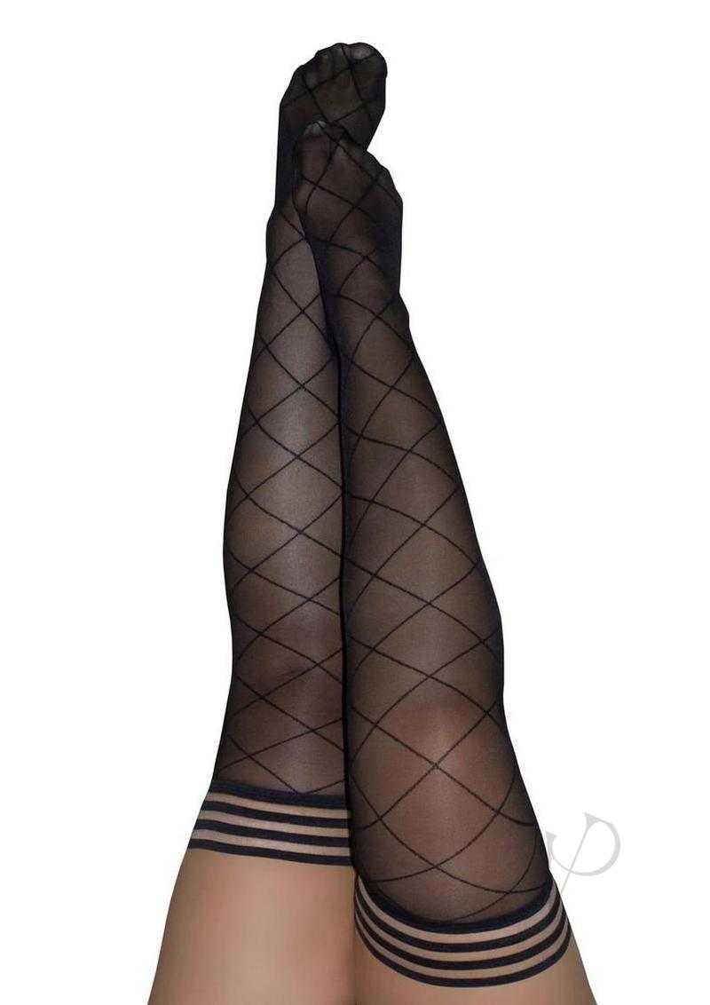 Kixies Anna Sheer Diamond Pattern Thigh Highs Size C Black showcasing elegant diamond design in sheer black.