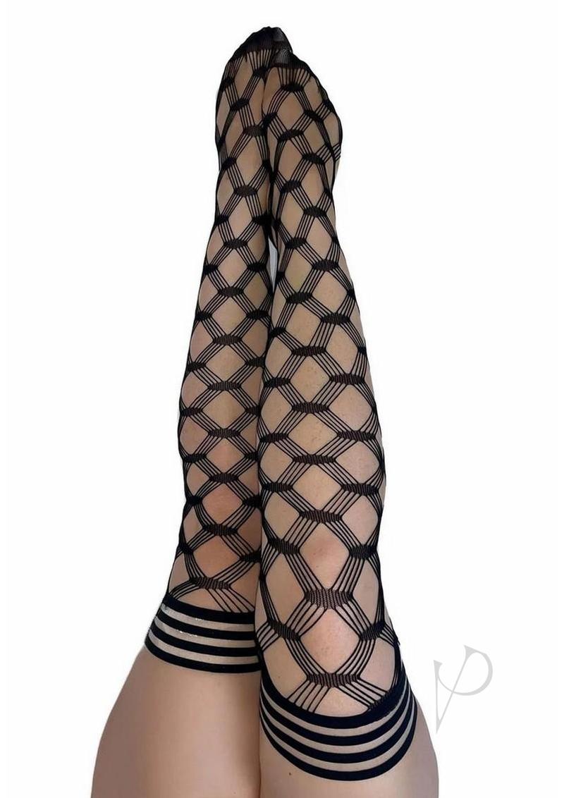 Kixies Cassandra Layered Fence Net Thigh Highs Medium Black showcasing a bold, layered fence net design on legs.