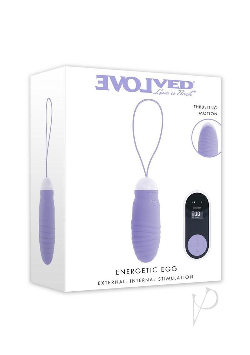 Evolved Energetic Egg Silicone Thrusting Egg Blue packaging with a remote for external and internal stimulation.
