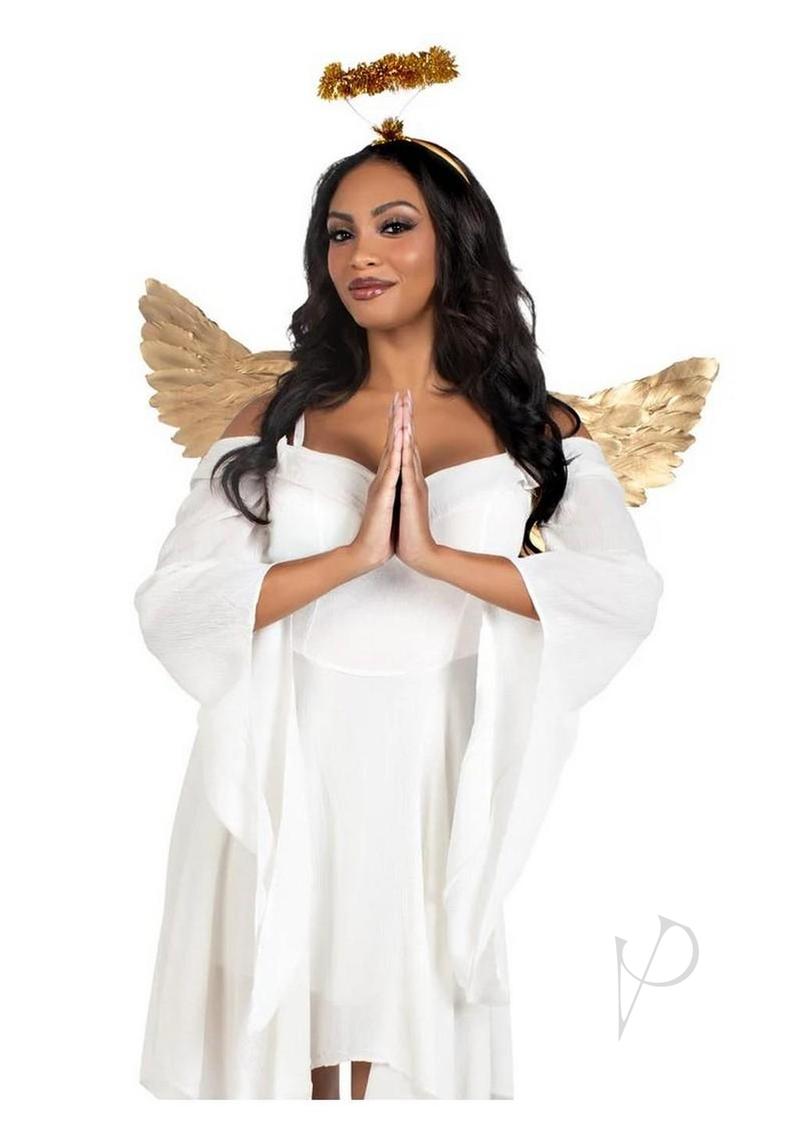 Model wearing Leg Avenue Metallic Angel Wings and Halo Headband Gold, showcasing gold wings and halo in a white dress.