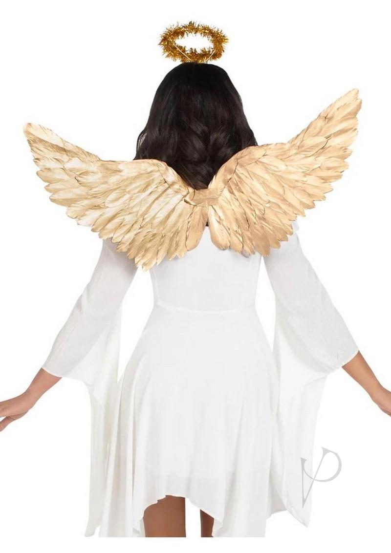 Woman wearing Leg Avenue Metallic Angel Wings and Halo Headband Gold with gold tinsel halo and oversized wings.