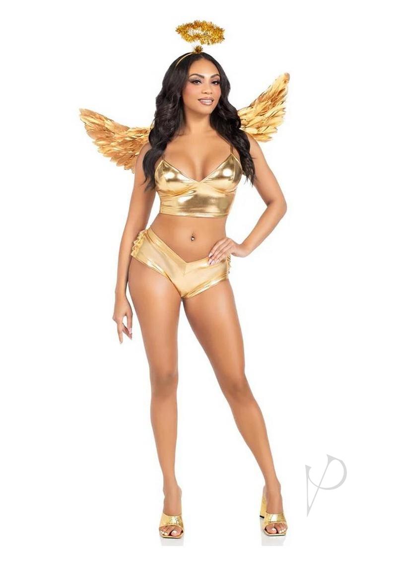 Leg Avenue Metallic Angel Wings and Halo Headband Gold costume with gold wings and halo for Halloween.