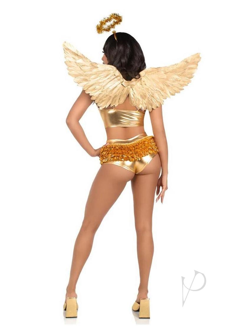 Leg Avenue Metallic Angel Wings and Halo Headband Gold costume with gold wings and halo headband worn from behind.