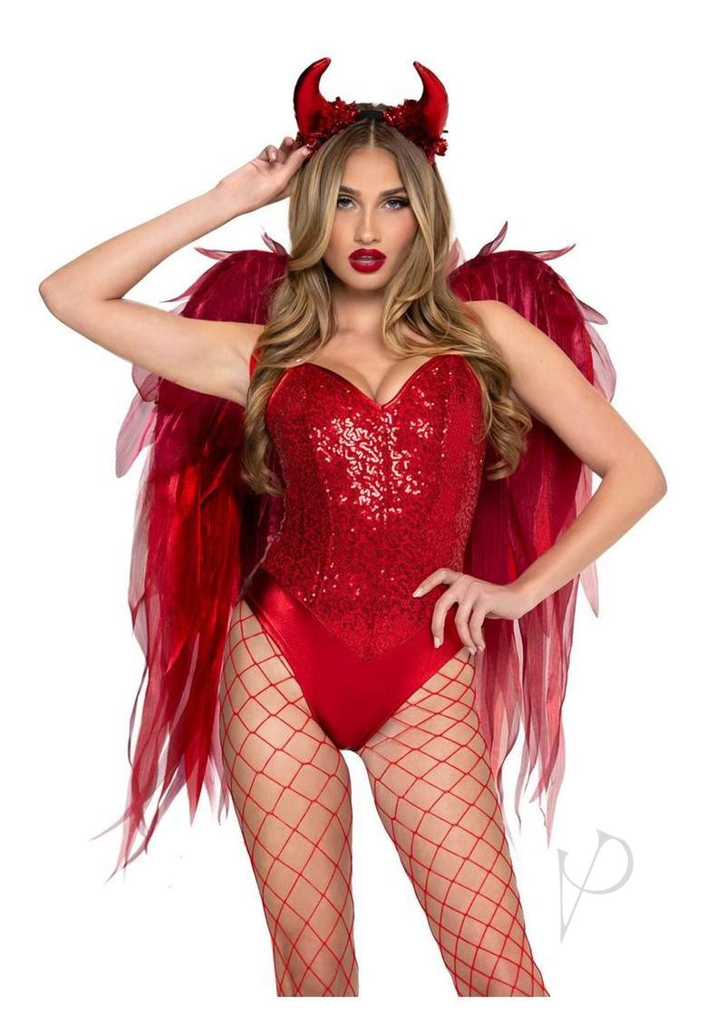 Leg Avenue Dark Enchantress Chiffon Wings and Horn Headband with red wings and horns, perfect for Halloween.