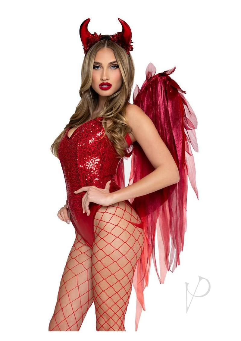 Leg Avenue Dark Enchantress Chiffon Wings and Horn Headband model showcasing red wings and a horn headband for a striking look.