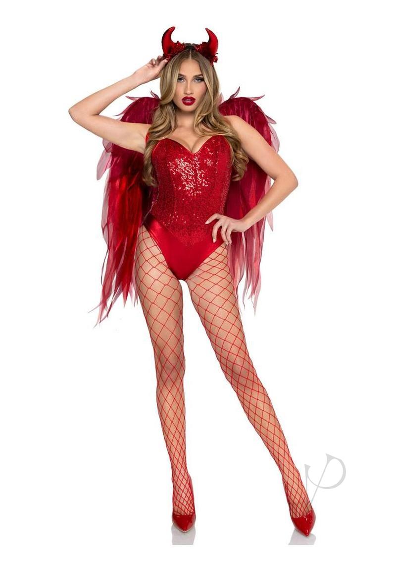 Leg Avenue Dark Enchantress Chiffon Wings and Horn Headband with red wings and devil horn headband.