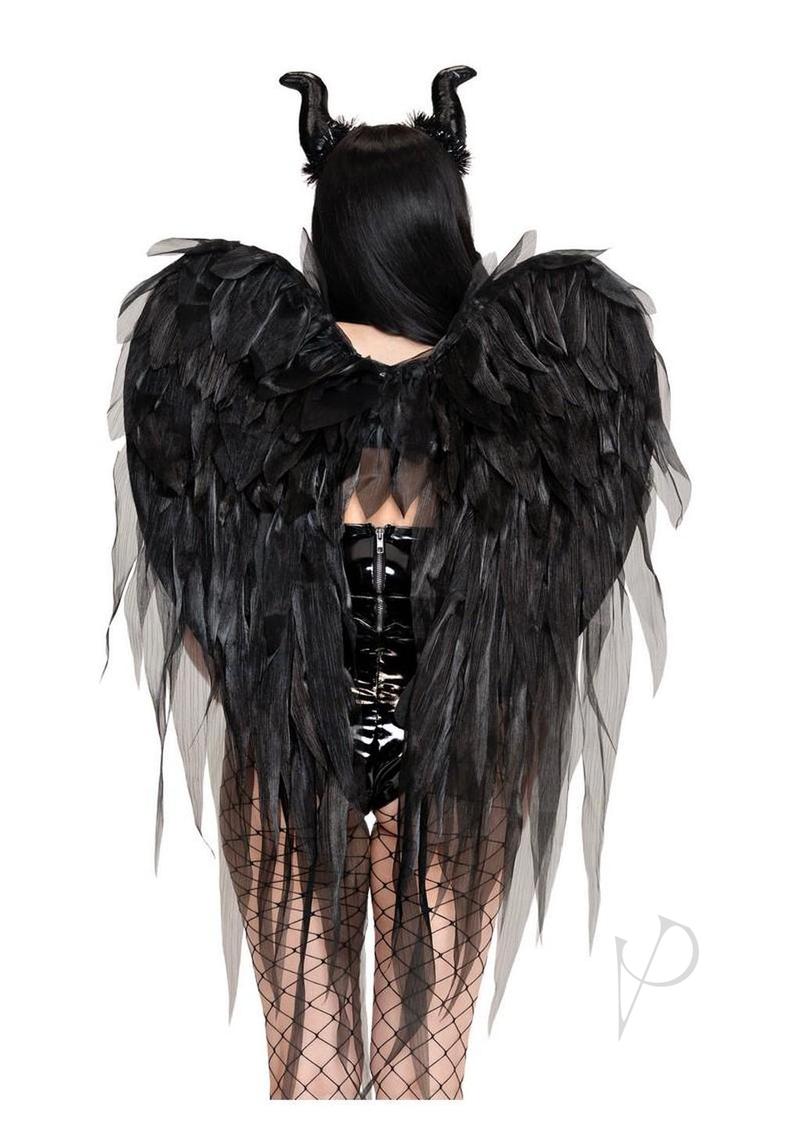 Leg Avenue Dark Enchantress Wings and Horn Headband Black worn with dramatic chiffon wings and horned headband.