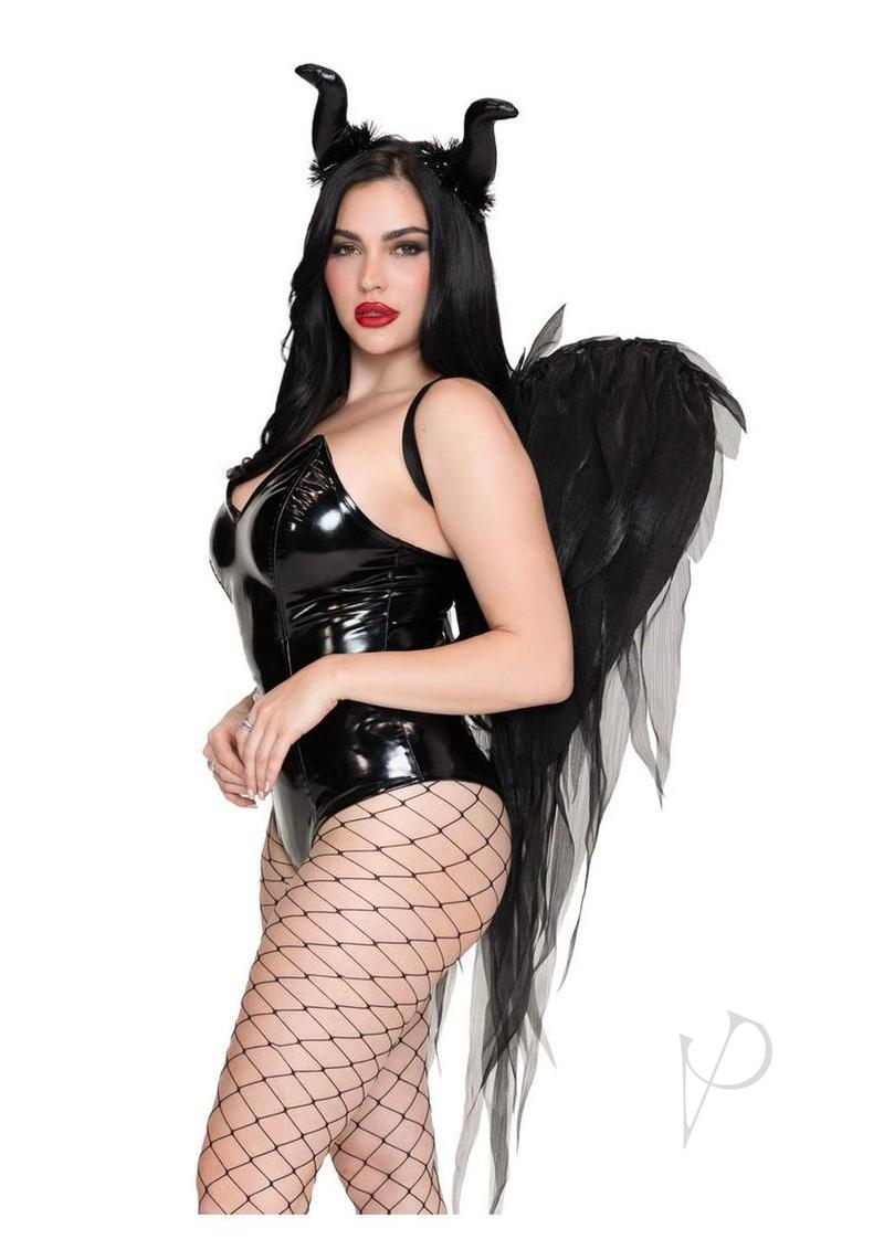 Leg Avenue Dark Enchantress Wings and Horn Headband Black worn with black bodysuit and fishnet stockings.