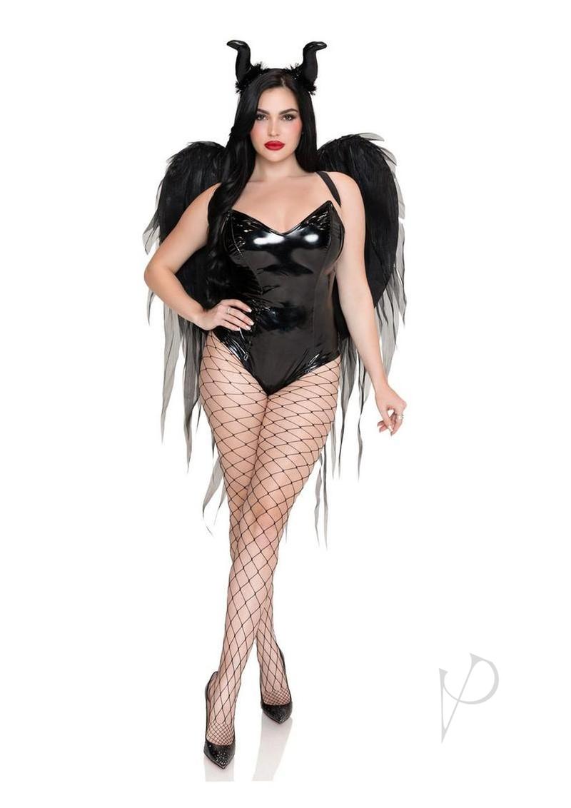 Leg Avenue Dark Enchantress Wings and Horn Headband Black model wearing black bodysuit with wings and horns.