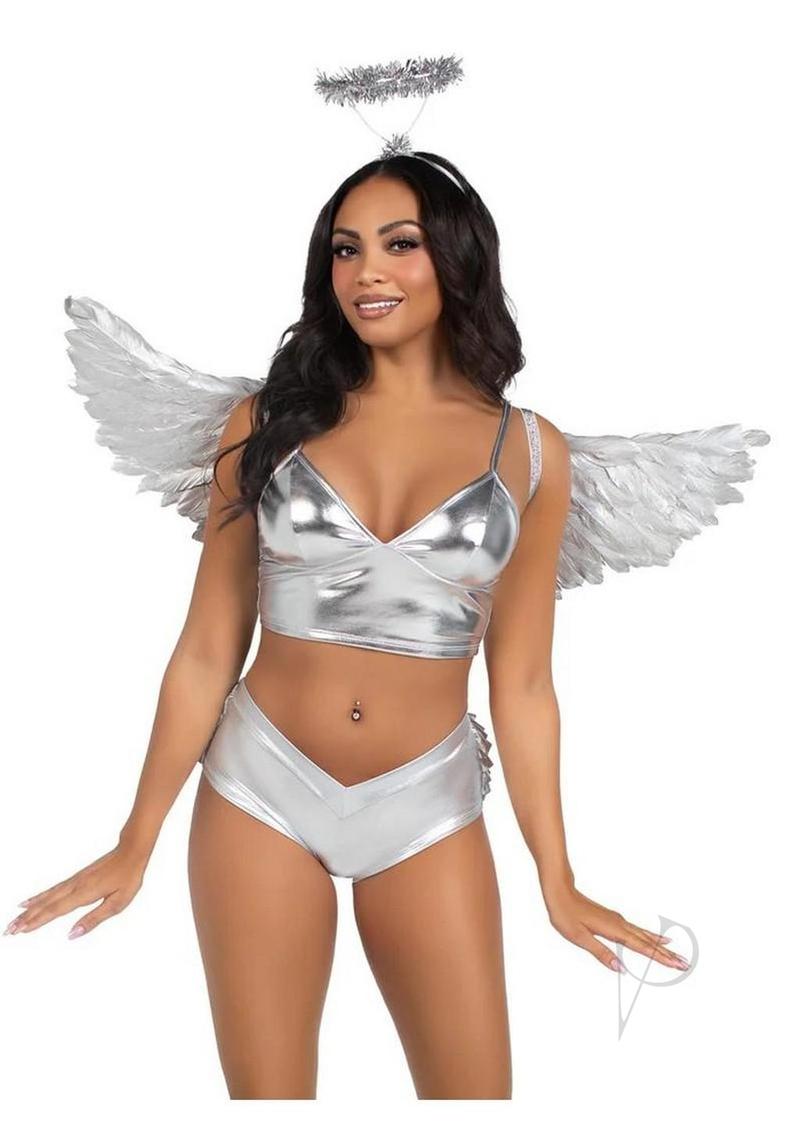 Leg Avenue Metallic Angel Wings and Halo Headband Silver worn by a model with silver outfit and angel wings.