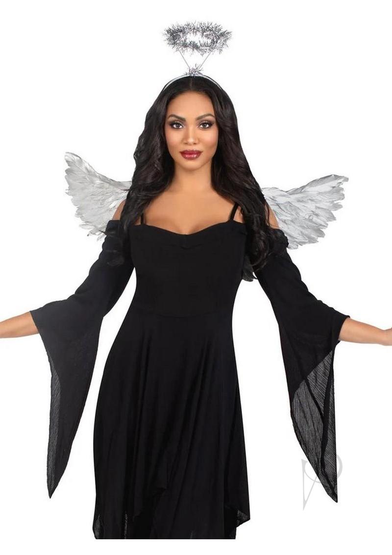 Leg Avenue Metallic Angel Wings and Halo Headband Silver worn by a woman with black dress and open bell sleeves.