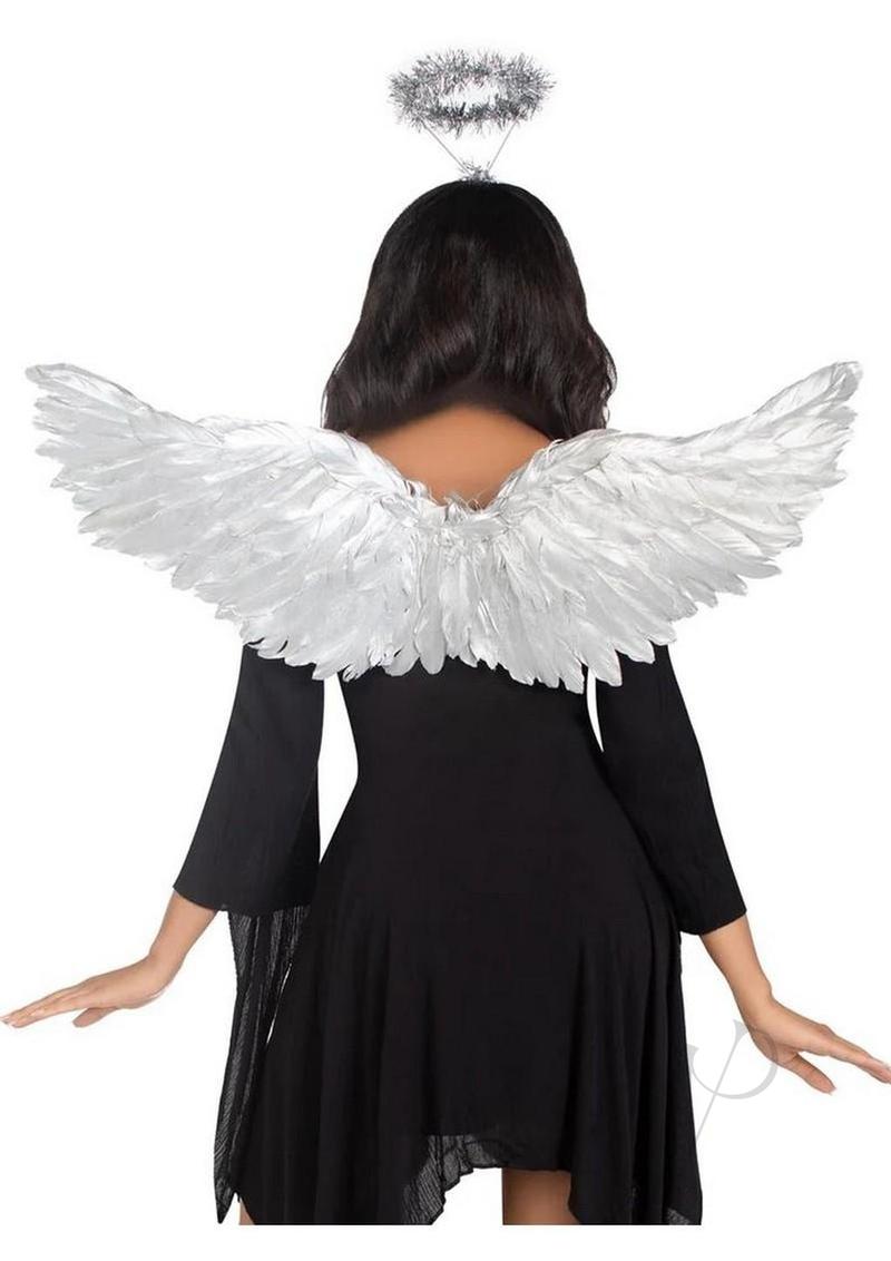 Woman wearing Leg Avenue Metallic Angel Wings and Halo Headband Silver, showing shimmering silver wings and halo.