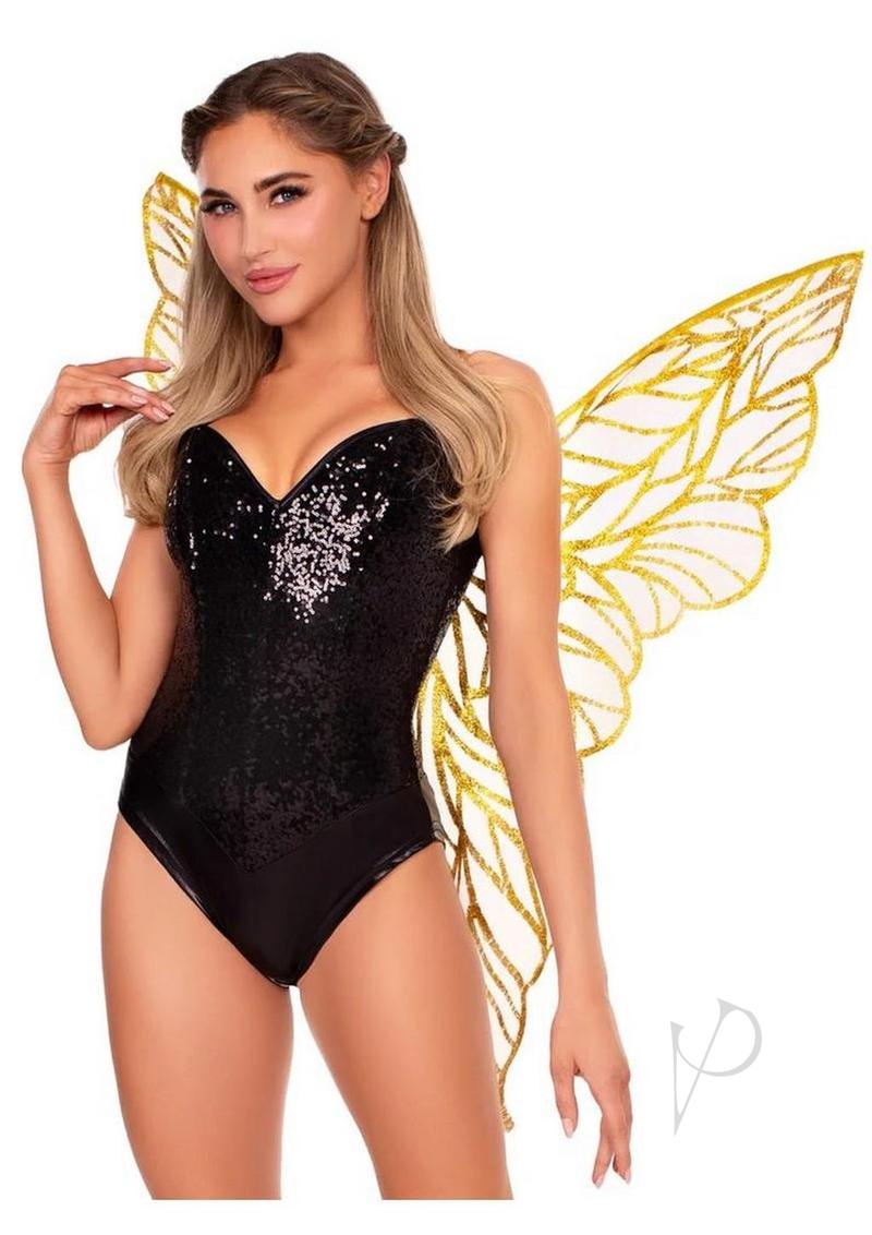 Model wearing Leg Avenue Iridescent Strapless Fairy Wings Gold with a black sequined bodysuit.