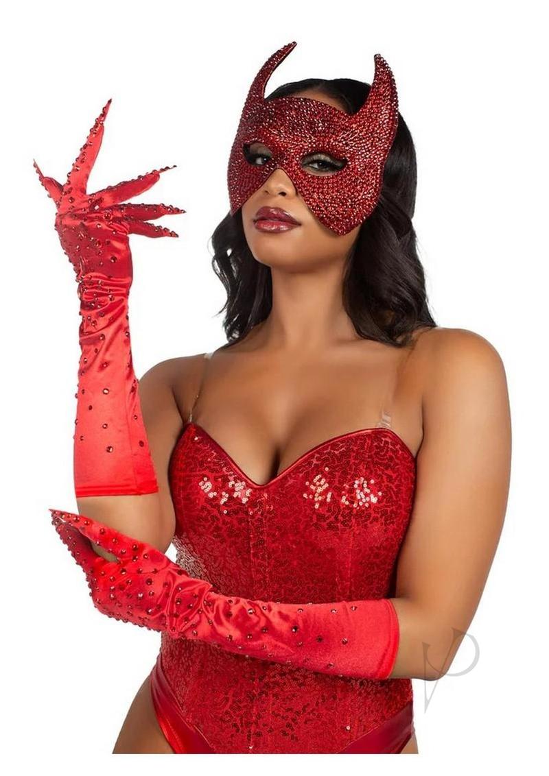 Leg Avenue Rhinestone Claw Gloves One Size Red showcased with a red rhinestone mask, perfect for glamorous costumes.