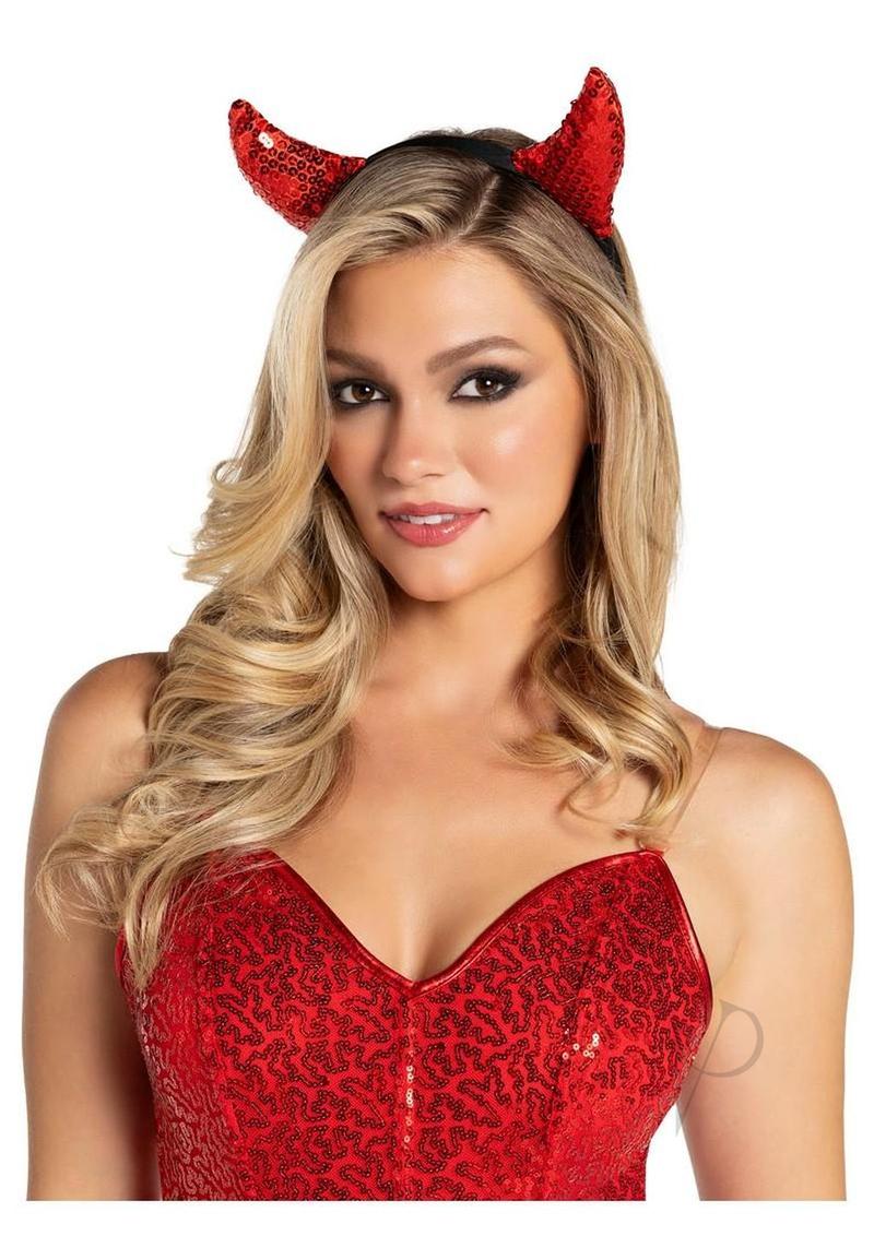 Leg Avenue Sequin Devil Horns One Size Red worn by a woman with blonde hair, featuring sparkling sequins and playful design.