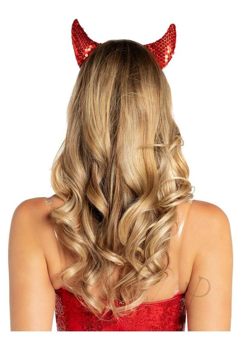 Leg Avenue Sequin Devil Horns One Size Red shown on a person with long, wavy blonde hair from the back.