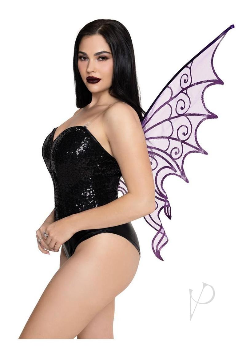 Model showcasing Leg Avenue Glitter Strapless Pixie Wings One Size Purple with sparkling wings in a black outfit.