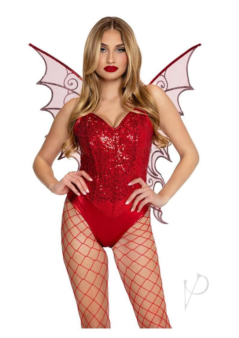 Leg Avenue Glitter Strapless Pixie Wings One Size Red worn by model with a sparkling red costume and fishnet stockings.