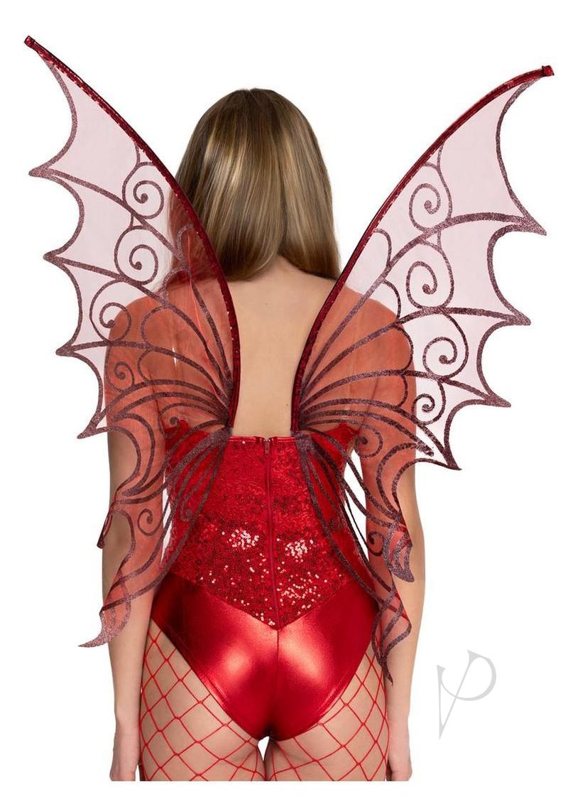 Leg Avenue Glitter Strapless Pixie Wings One Size Red showcased on model from the back wearing sparkling red outfit.