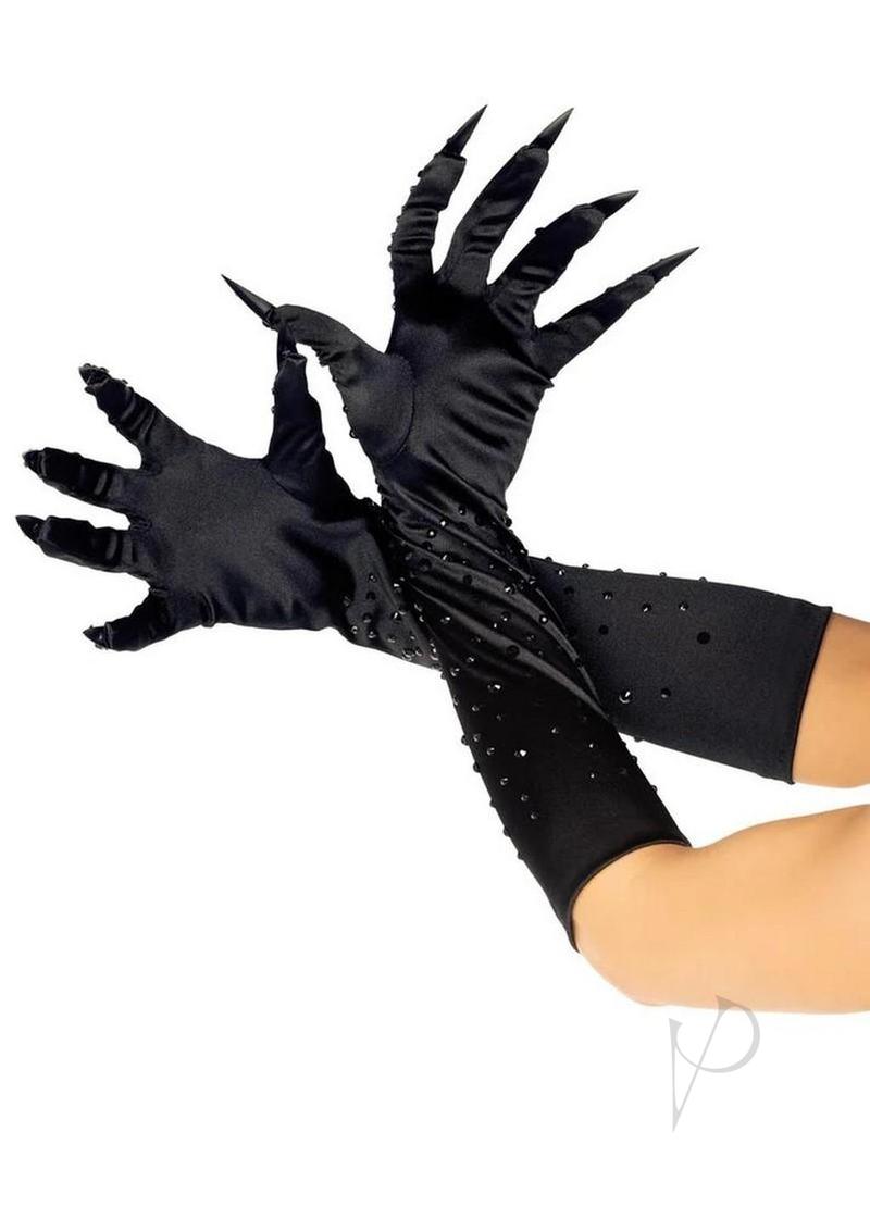 Leg Avenue Rhinestone Claw Gloves One Size Black displayed with rhinestone claw detailing.