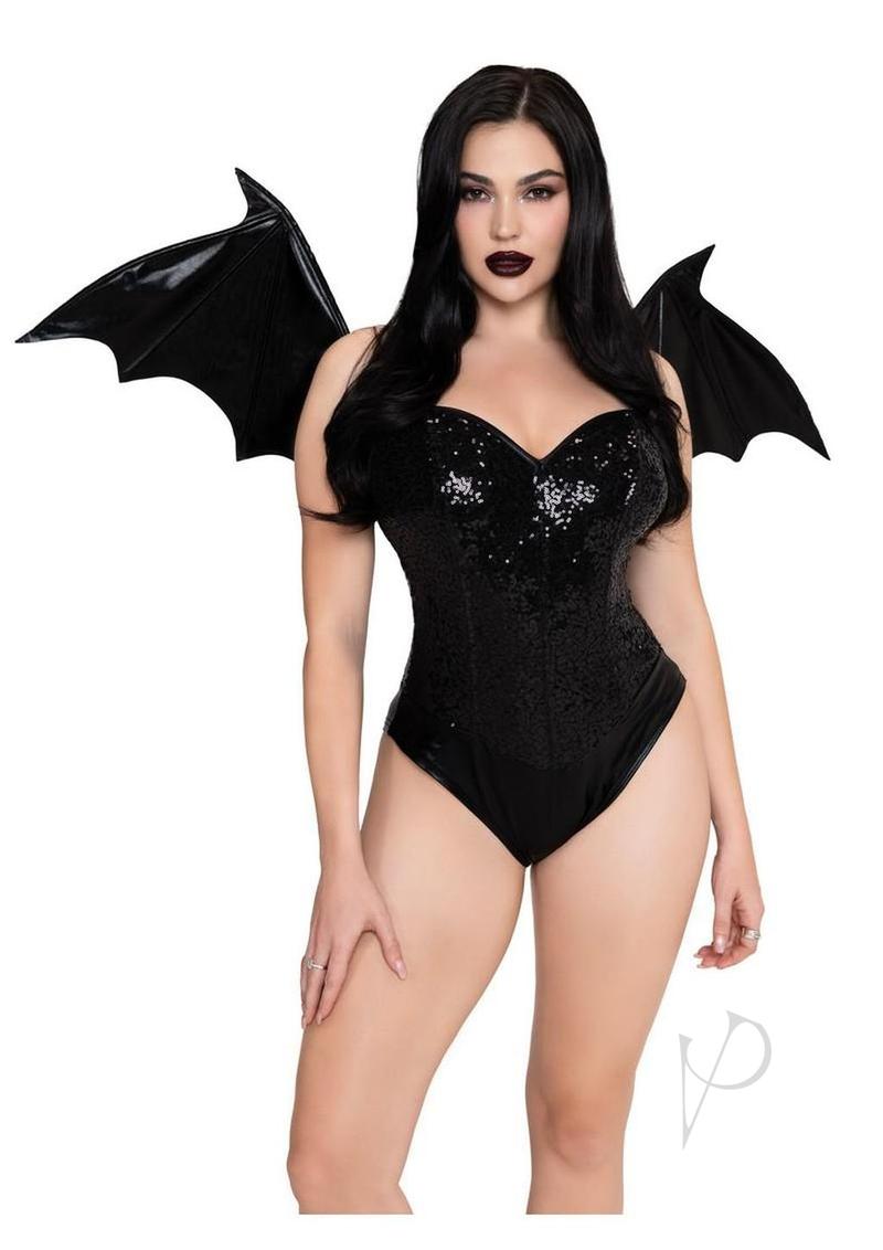 Model wearing Leg Avenue Wet Look Strapless Bat Wings One Size, showcasing a gothic costume with bat wings.