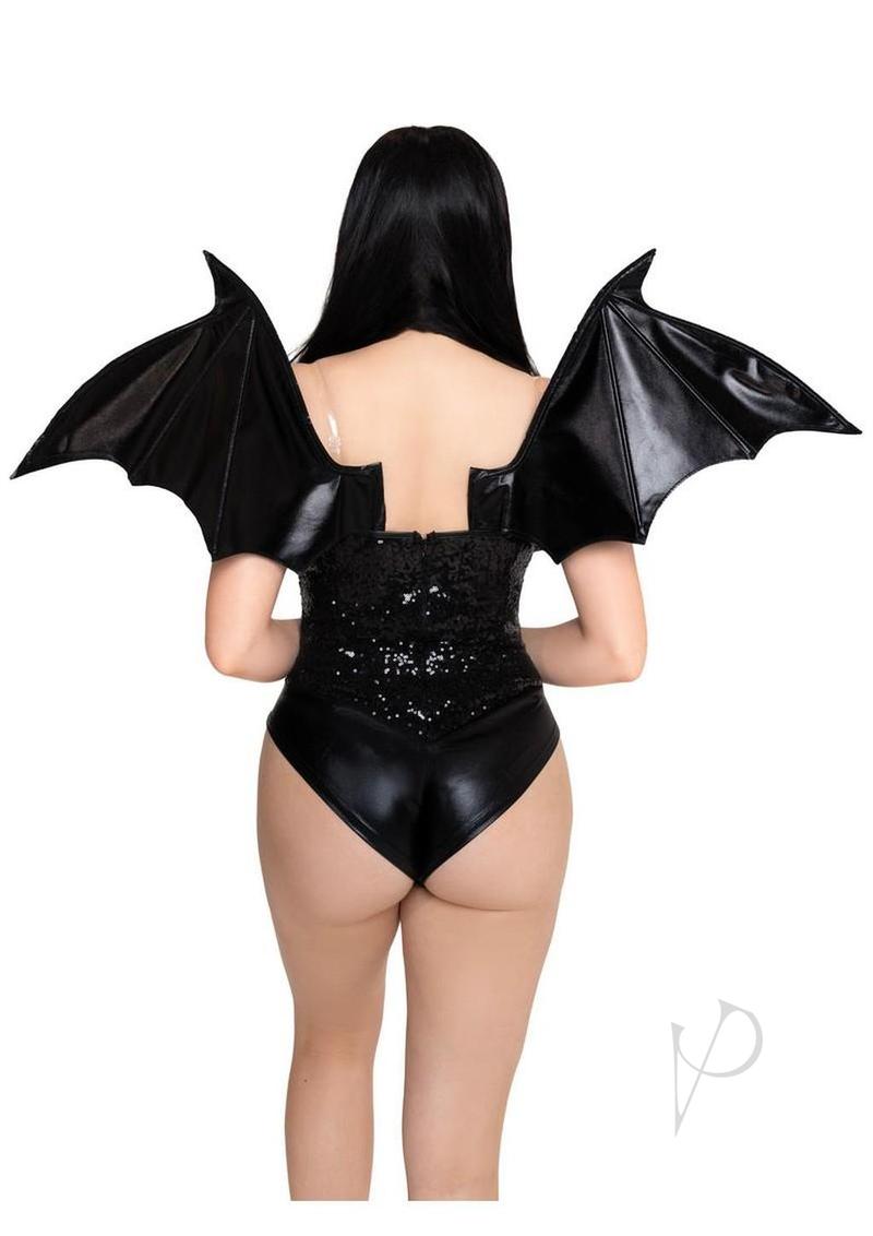 Leg Avenue Wet Look Strapless Bat Wings One Size shown on a model from the back, featuring glossy bat-like wings.