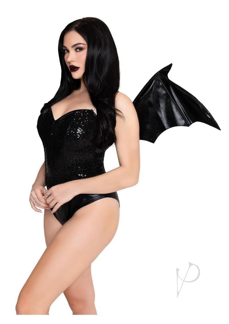 Leg Avenue Wet Look Strapless Bat Wings One Size displayed on model, adding drama to gothic costume looks.