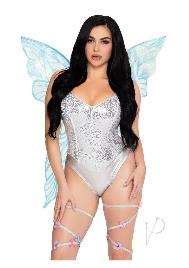 Leg Avenue Iridescent Strapless Fairy Wings Blue worn with a shimmering silver bodysuit and whimsical accessories.