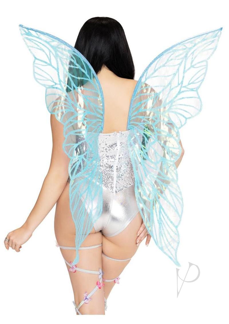 Leg Avenue Iridescent Strapless Fairy Wings Blue displayed on a model from the back, showcasing shimmering design.