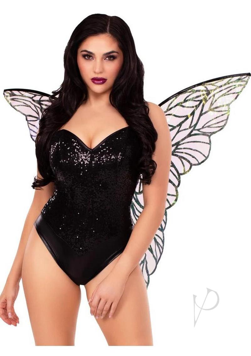 Leg Avenue Iridescent Strapless Fairy Wings One Size Black model showcasing the wings and costume in a playful pose.