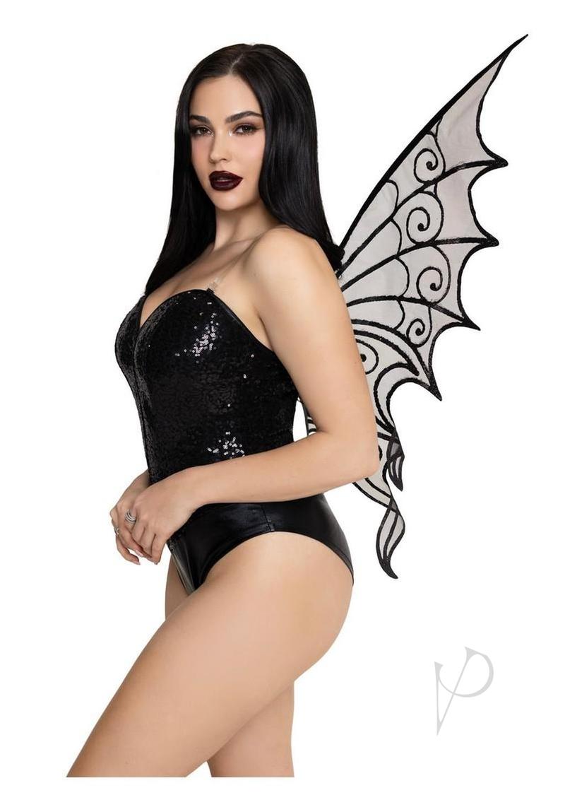 Leg Avenue Glitter Strapless Pixie Wings One Size Black worn by model with shimmering black bodysuit and striking wings.