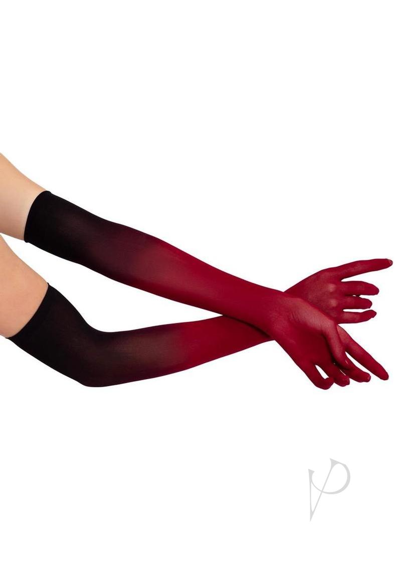 Leg Avenue Ombre Mesh Opera Length Gloves One Size Red on elegant arms, showing dramatic ombre effect from black to vibrant red.
