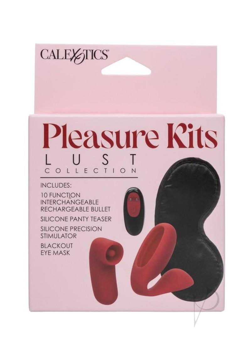 Pleasure Kits Lust Collection Bullet Vibrator Kit packaging showcasing bullet, panty teaser, stimulator, and eye mask.