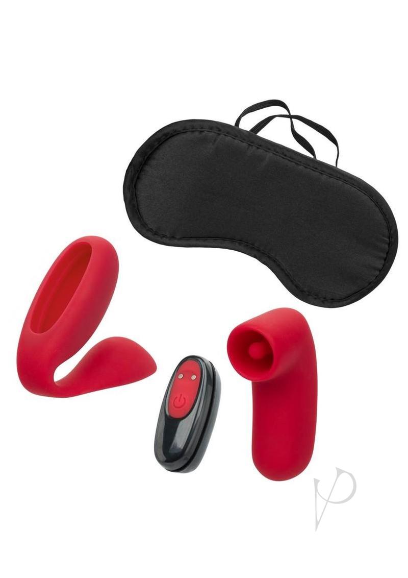 Pleasure Kits Lust Collection Bullet Vibrator Kit components including a bullet, stimulator, and blackout eye mask.