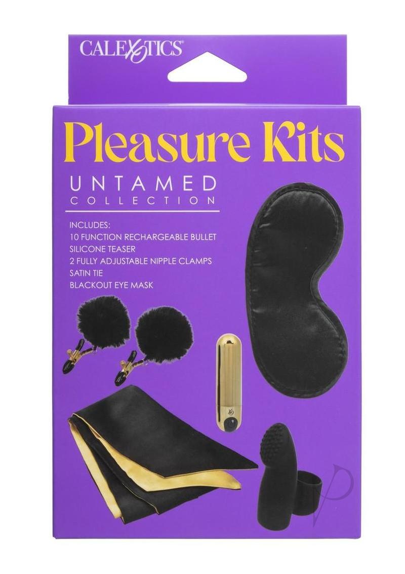 Pleasure Kits Untamed Collection Bondage Kit packaging featuring various BDSM accessories including nipple clamps and eye mask.