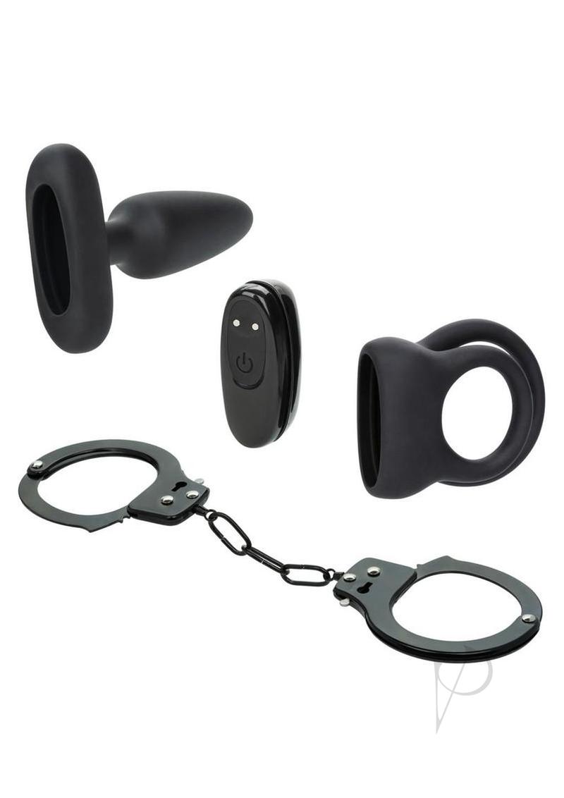 Pleasure Kits Power Play Collection Couples Kit Black with cuffs, bullet, enhancer ring and tapered probe.