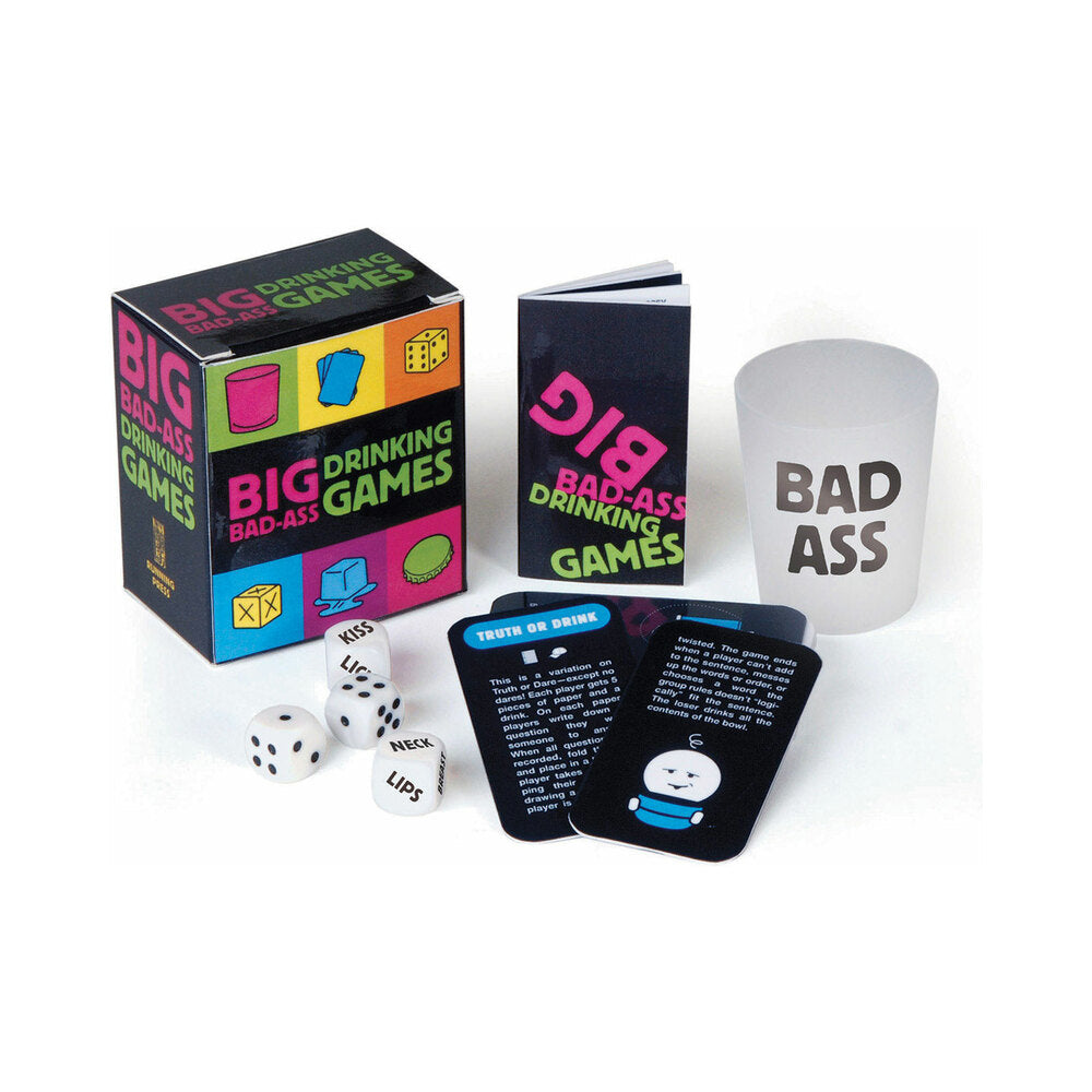 Image of the Big Bad-ass Drinking Games Party Kit with cards, dice, and cup for fun drinking game sessions.