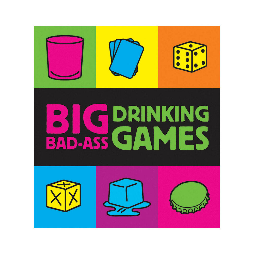 Big Bad-ass Drinking Games Party Kit with colorful icons and a bold design for fun drinking activities.