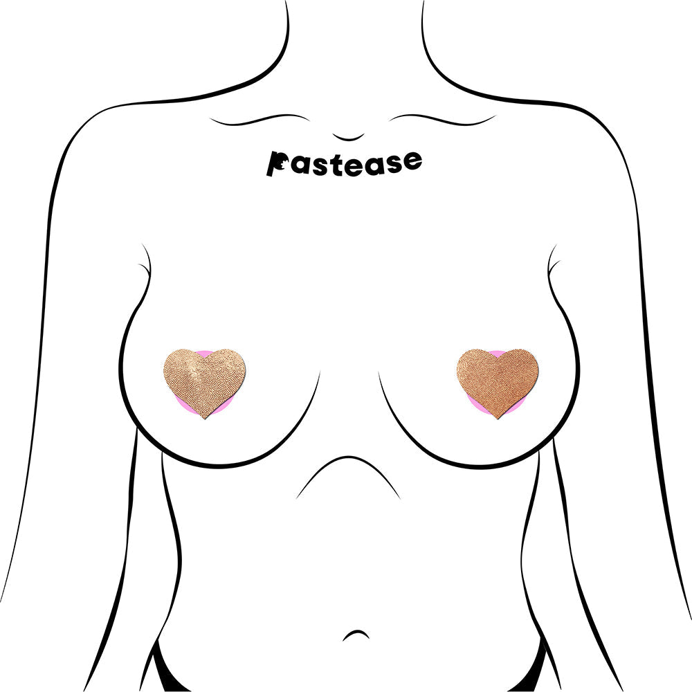 Pastease Petites Liquid Hearts Pasties Rose Gold 2-pack displayed on a silhouette model, showcasing heart-shaped nipple covers.