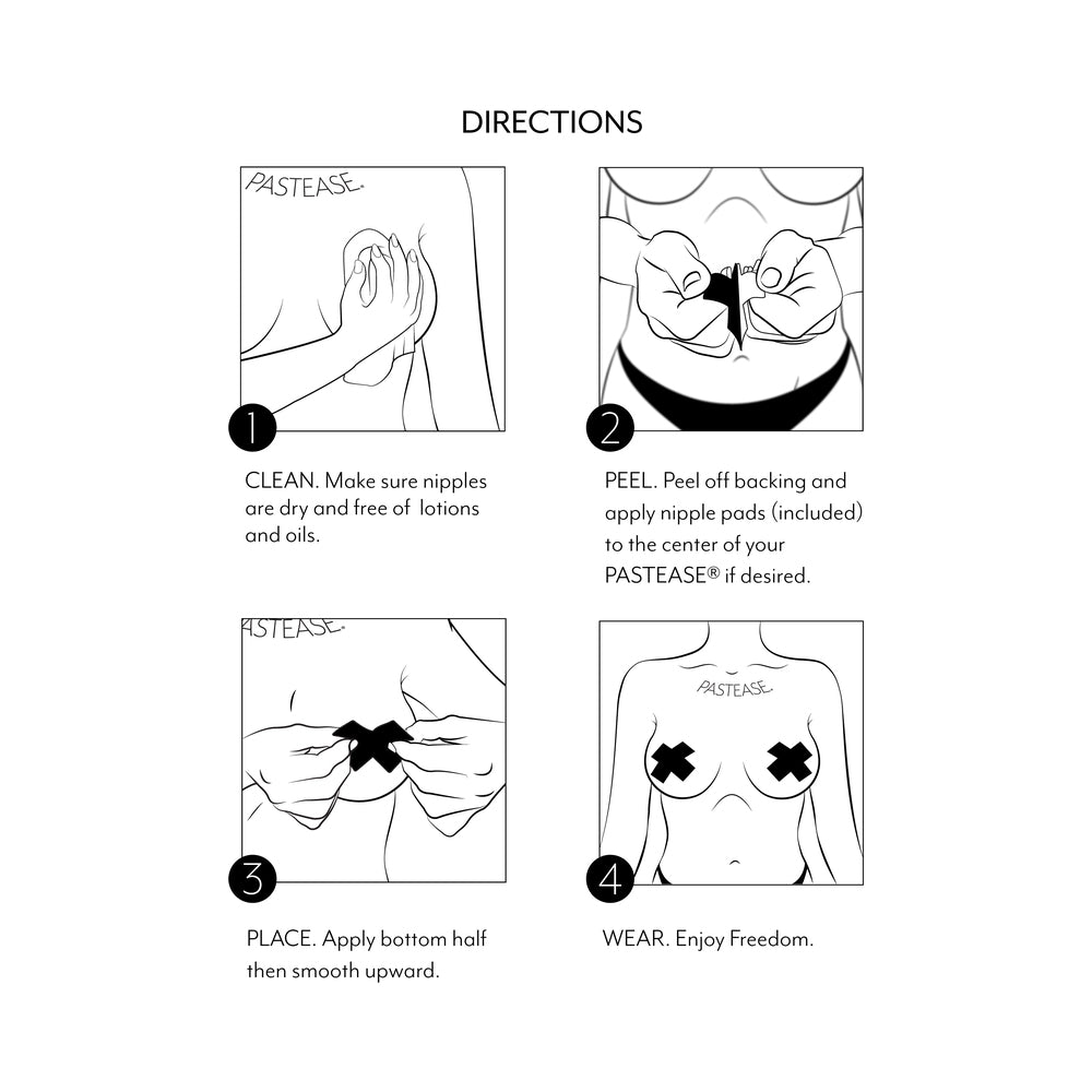 Instructions for Pastease Petites Liquid Hearts Pasties Rose Gold 2-pack application steps.