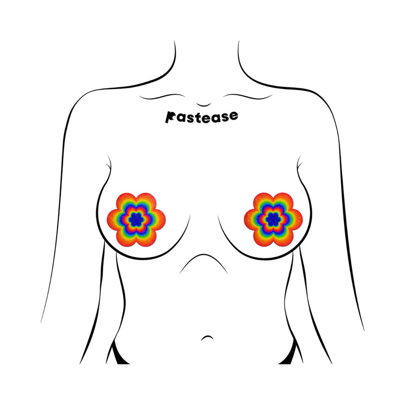 Pastease Rainbow Daisy Nipple Pasties featured on body illustration with colorful flower design.
