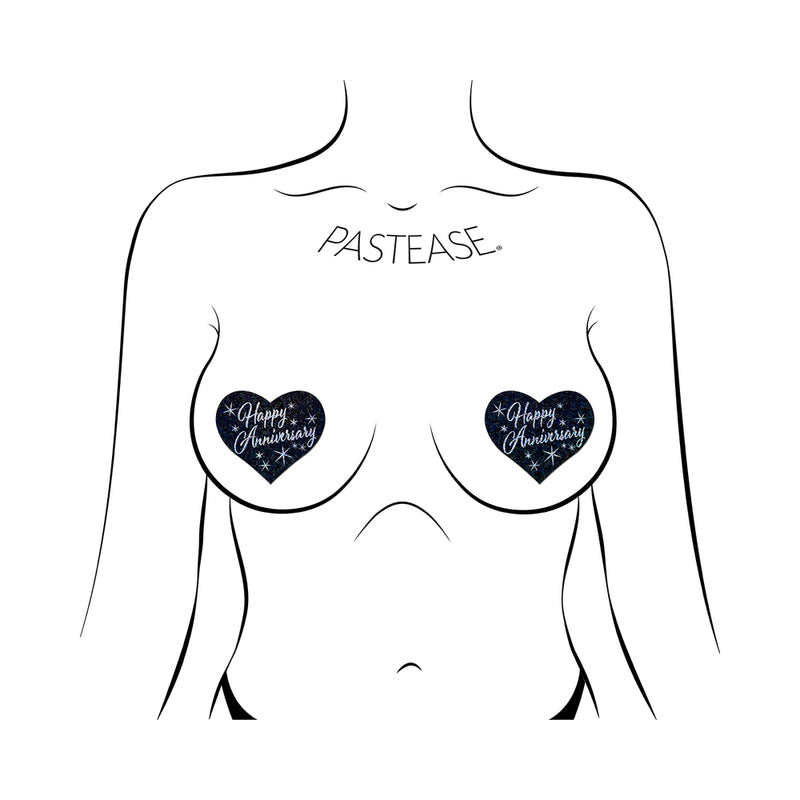 Pastease Happy Anniversary Heart Pasties on a body illustration, showcasing a festive anniversary design.